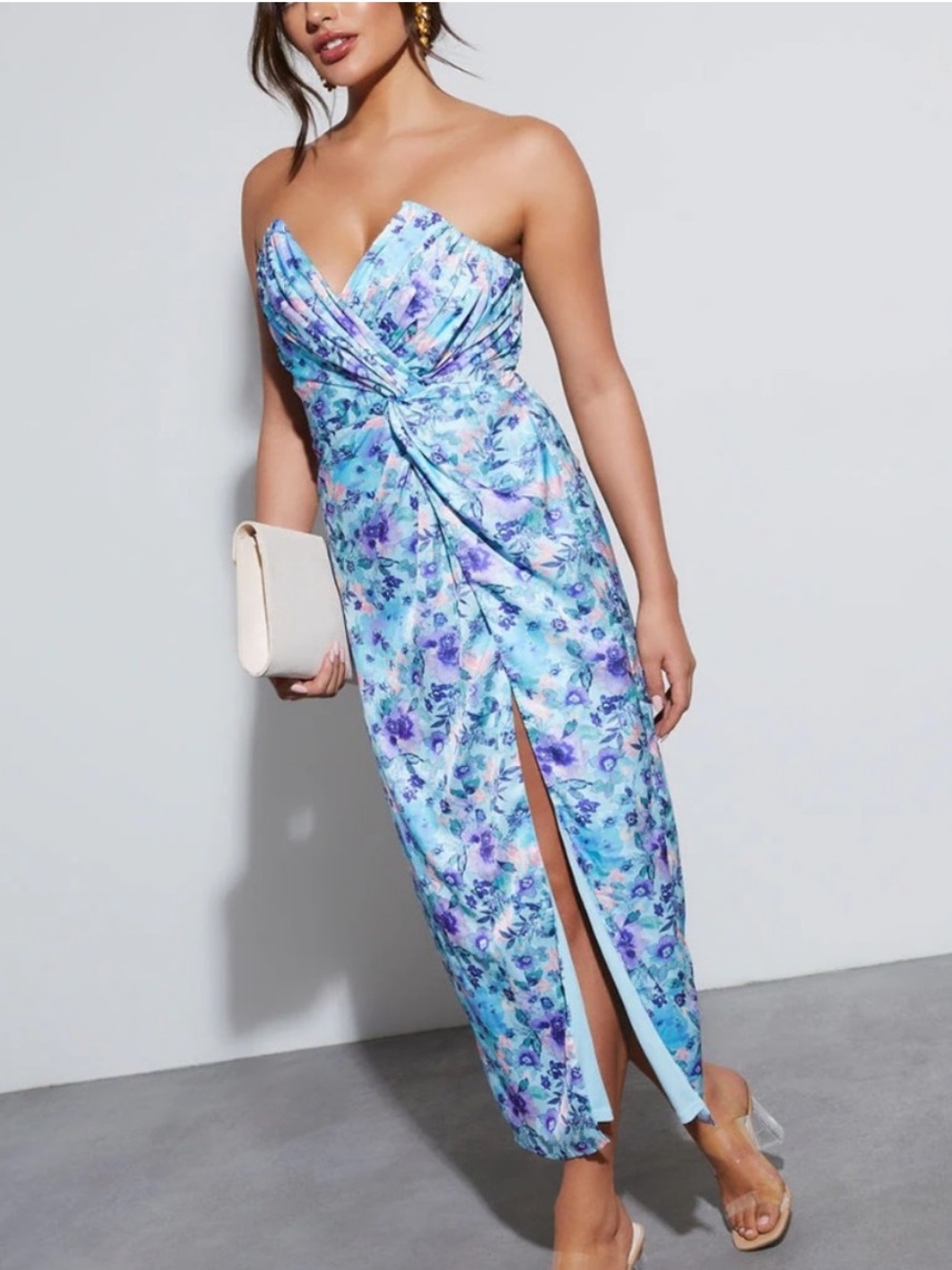 Vici by Dee Elly Lovestruck Satin Strapless Floral Twist Front Dress
